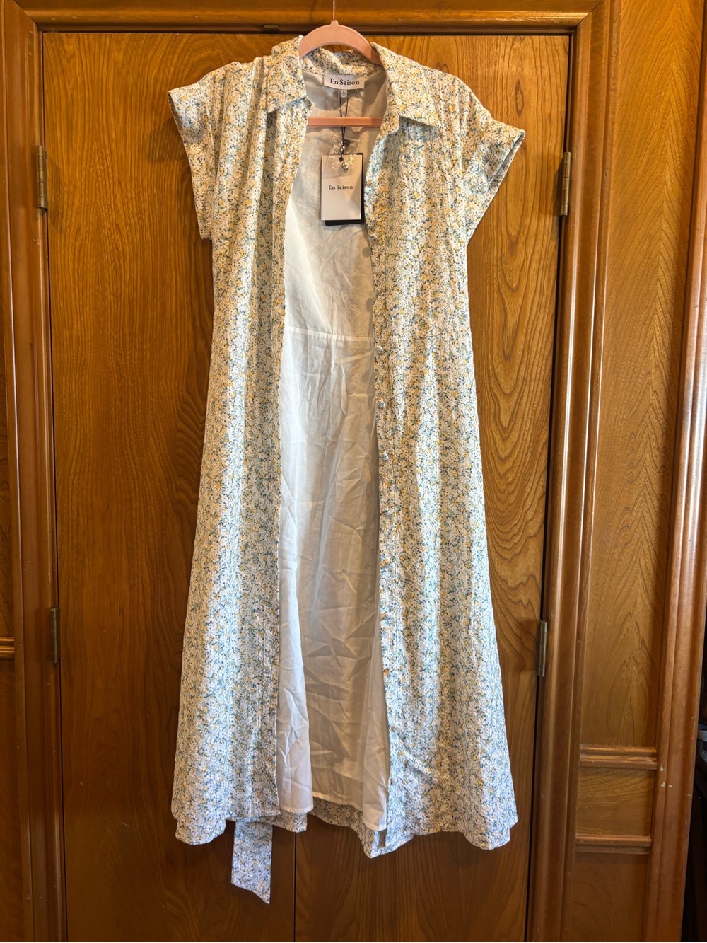 NWT En Saison Floral Midi Dress Blue Yellow Ivory Belted Shirt Dress L - Picture 2 of 5